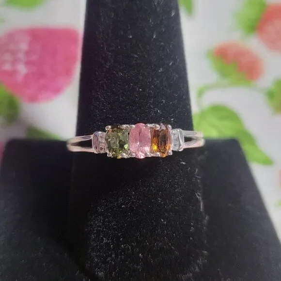 Multi-Tourmaline & White Zircon Trilogy Sterling Silver Ring